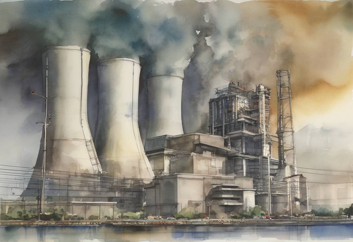 Watercolor painting based depiction of Japan shut down its last operating nuclear reactor, leaving the country without nuclear power for the first time since 1970, following the Fukushima disaster. (2012)