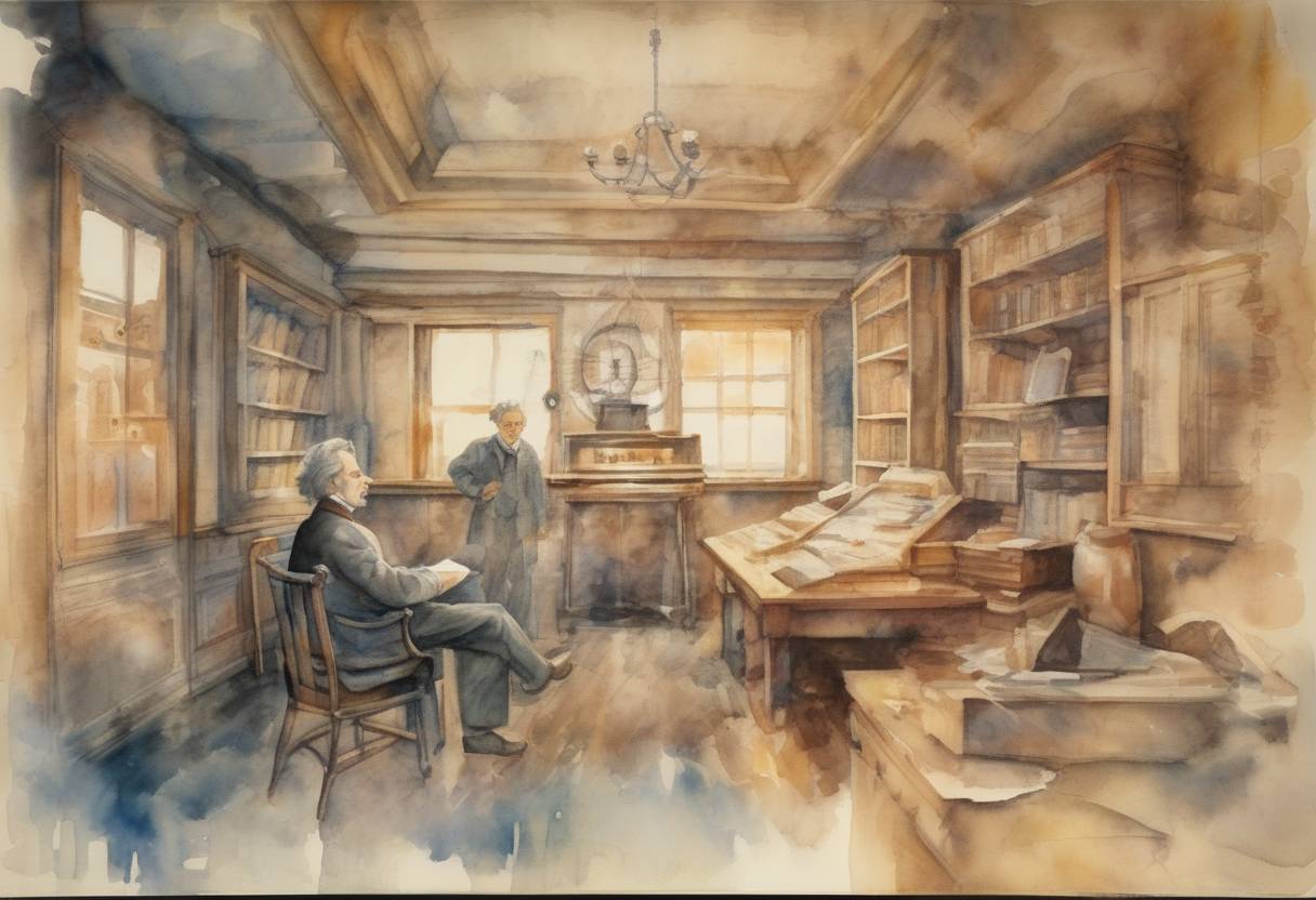 Watercolor painting based depiction of Albert Einstein published his general theory of relativity, revolutionizing the understanding of gravity and physics. (1916)