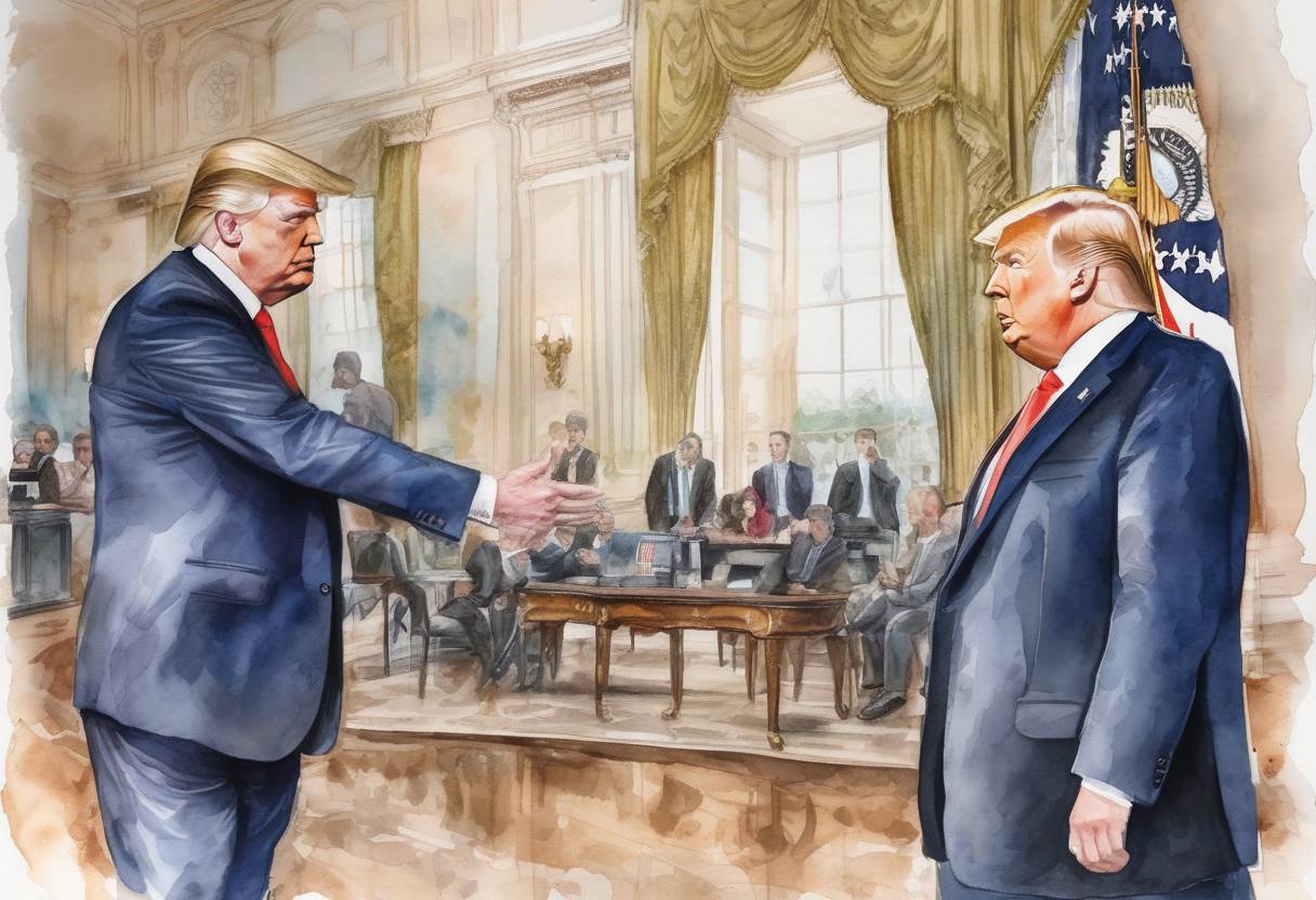Watercolor painting based depiction of U.S. President Donald Trump announced the country's withdrawal from the Paris Agreement on climate change mitigation. (2017)