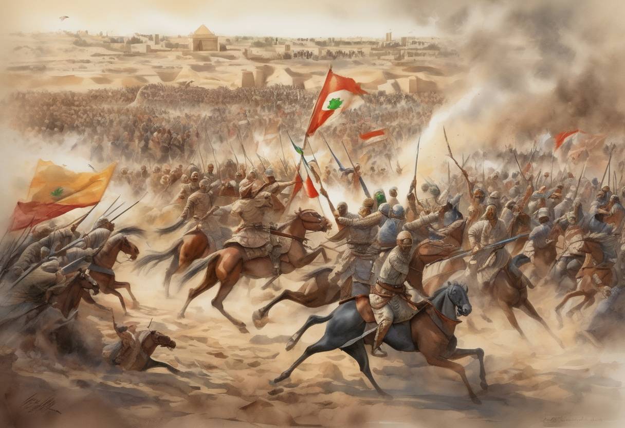 Watercolor painting based depiction of The Battle of Bakhamra took place, where the Abbasid Caliphate defeated the Alid rebels led by Ibrahim ibn Abdallah. (763)