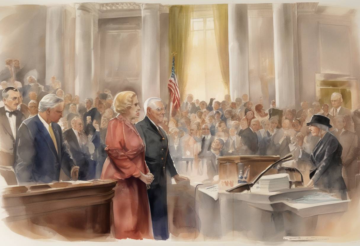 Watercolor painting based depiction of Hattie Caraway becomes the first woman elected to the United States Senate. (1932)