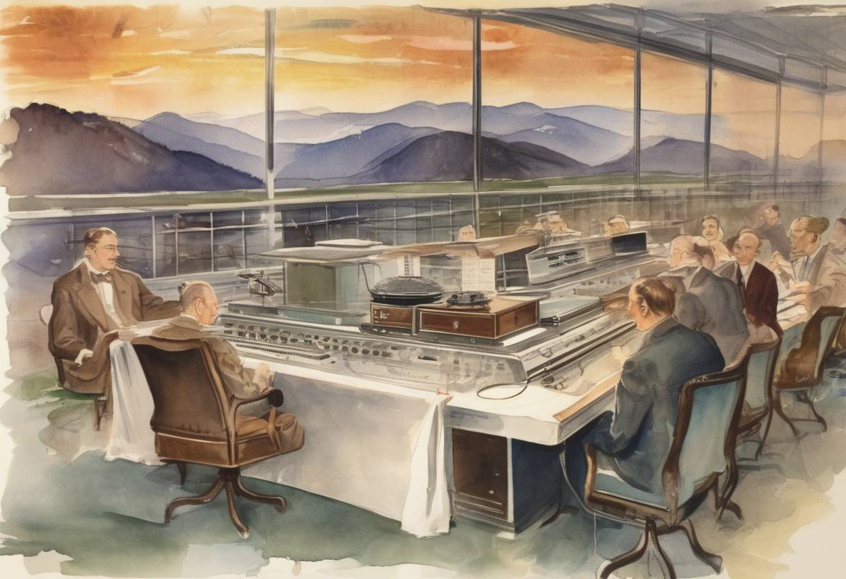 Watercolor painting based depiction of Inventor Edwin Armstrong gave the first public demonstration of FM radio broadcasting at Alpine, New Jersey. (1935)