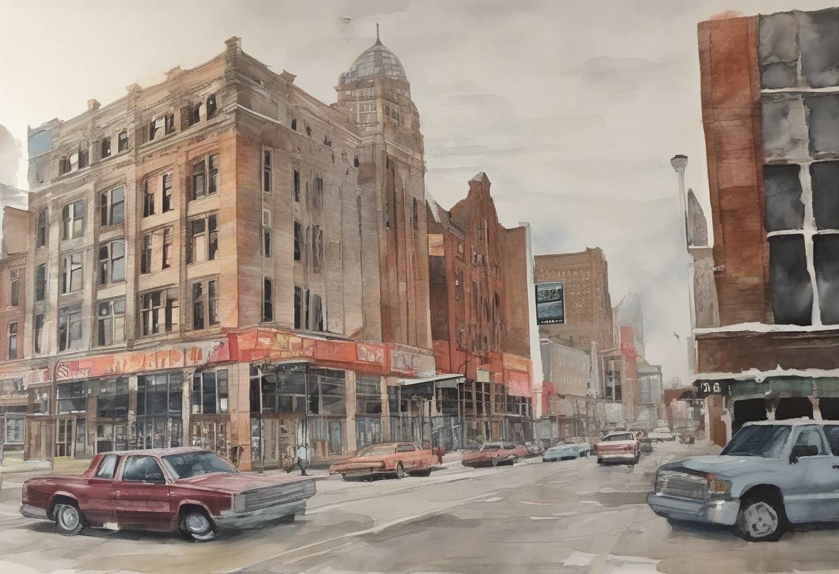 Watercolor painting based depiction of Detroit, Michigan, filed for bankruptcy, becoming the largest city in U.S. history to do so. The filing was a result of decades of financial mismanagement, population decline, and economic challenges. (2013)