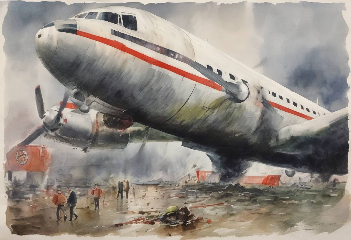 Watercolor painting based depiction of The Munich air disaster occurred, involving the crash of British European Airways Flight 609, which killed 23 people, including eight Manchester United footballers. (1958)