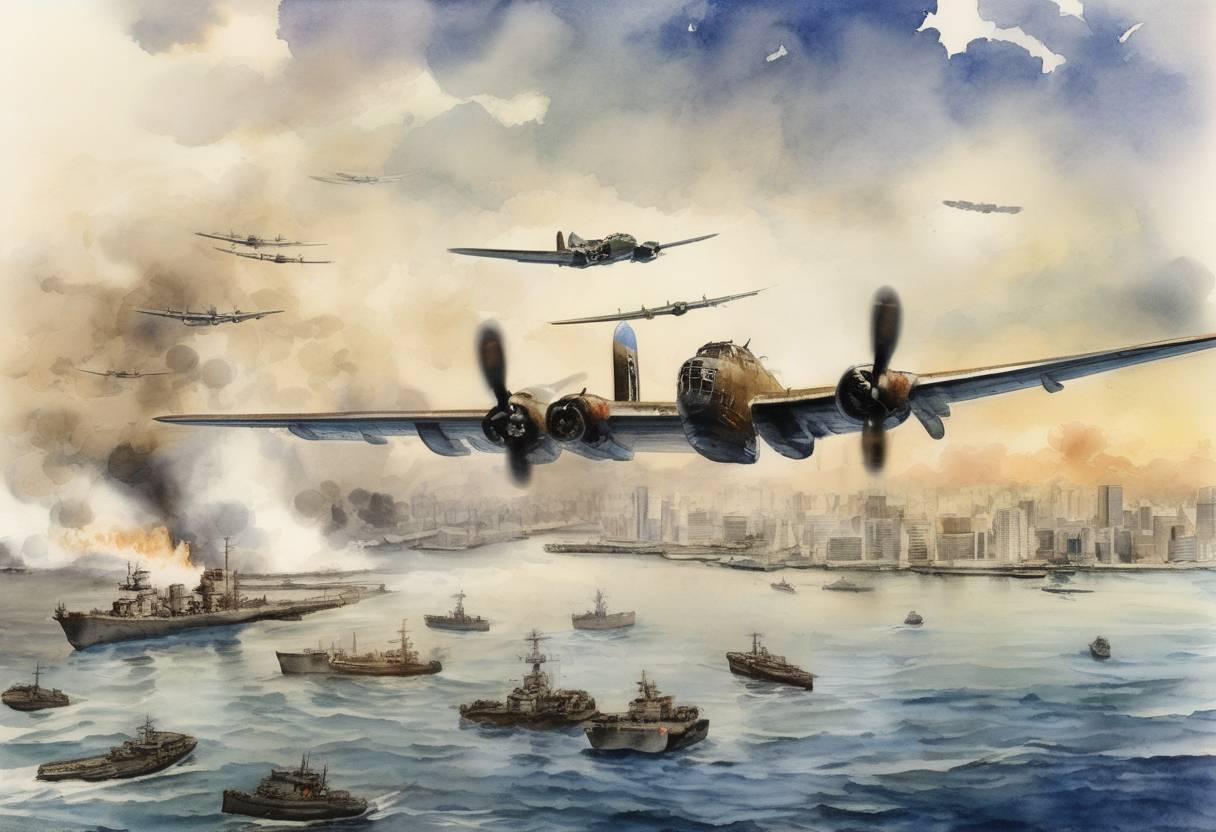Watercolor painting based depiction of The Doolittle Raid took place, where 16 American B-25 bombers launched from the USS Hornet to conduct an air raid on Tokyo and other locations on Honshu during World War II, marking the first air operation to strike the Japanese archipelago. (1942)