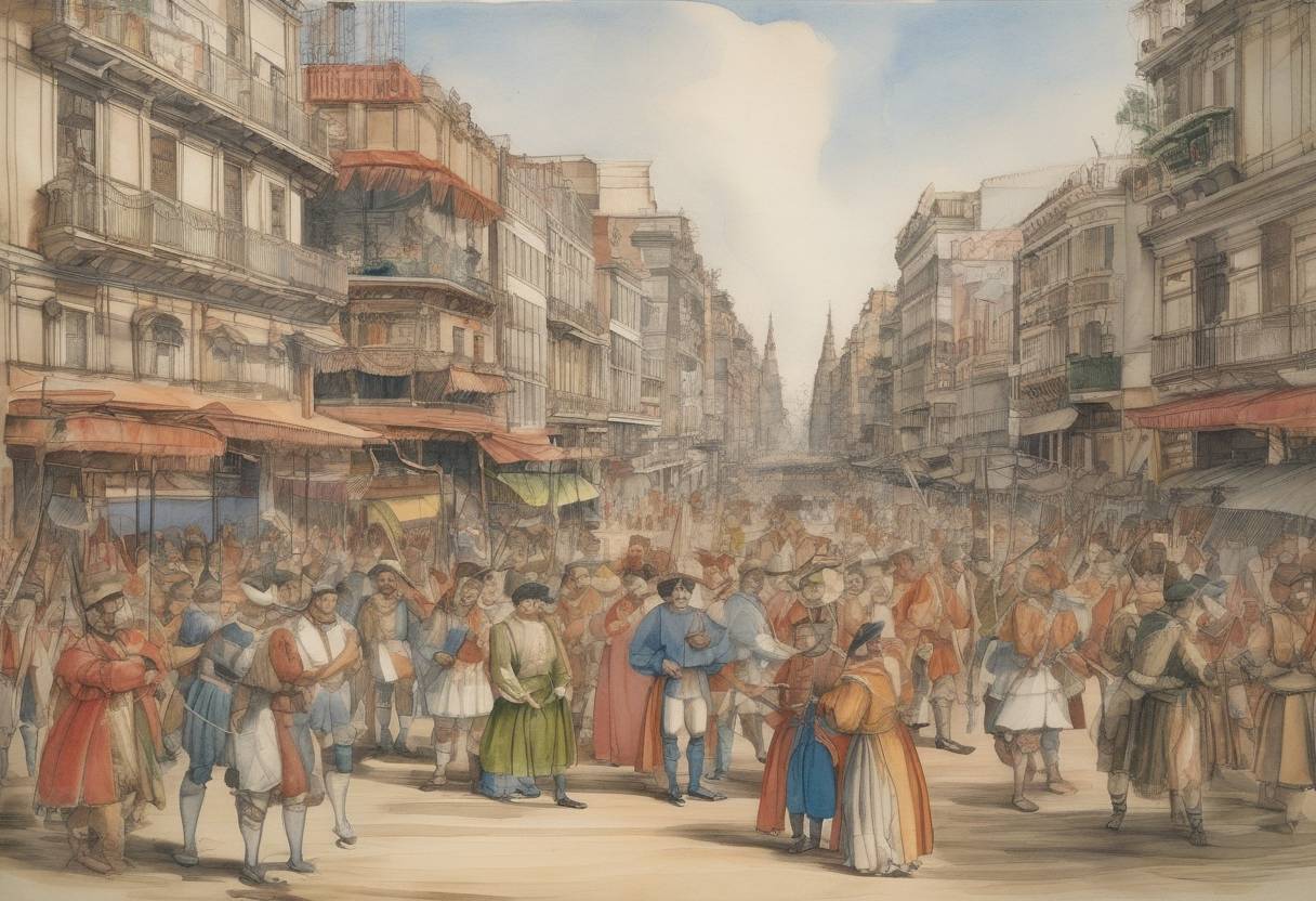 Watercolor painting based depiction of Spaniard Pedro de Mendoza founded Buenos Aires, Argentina. (1536)