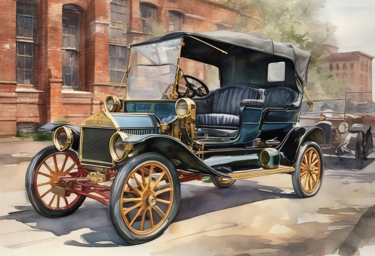 Watercolor painting based depiction of The first Model T Ford was built at the Piquette Plant in Detroit, Michigan, marking a significant milestone in automotive history and the beginning of mass automobile production. (1908)