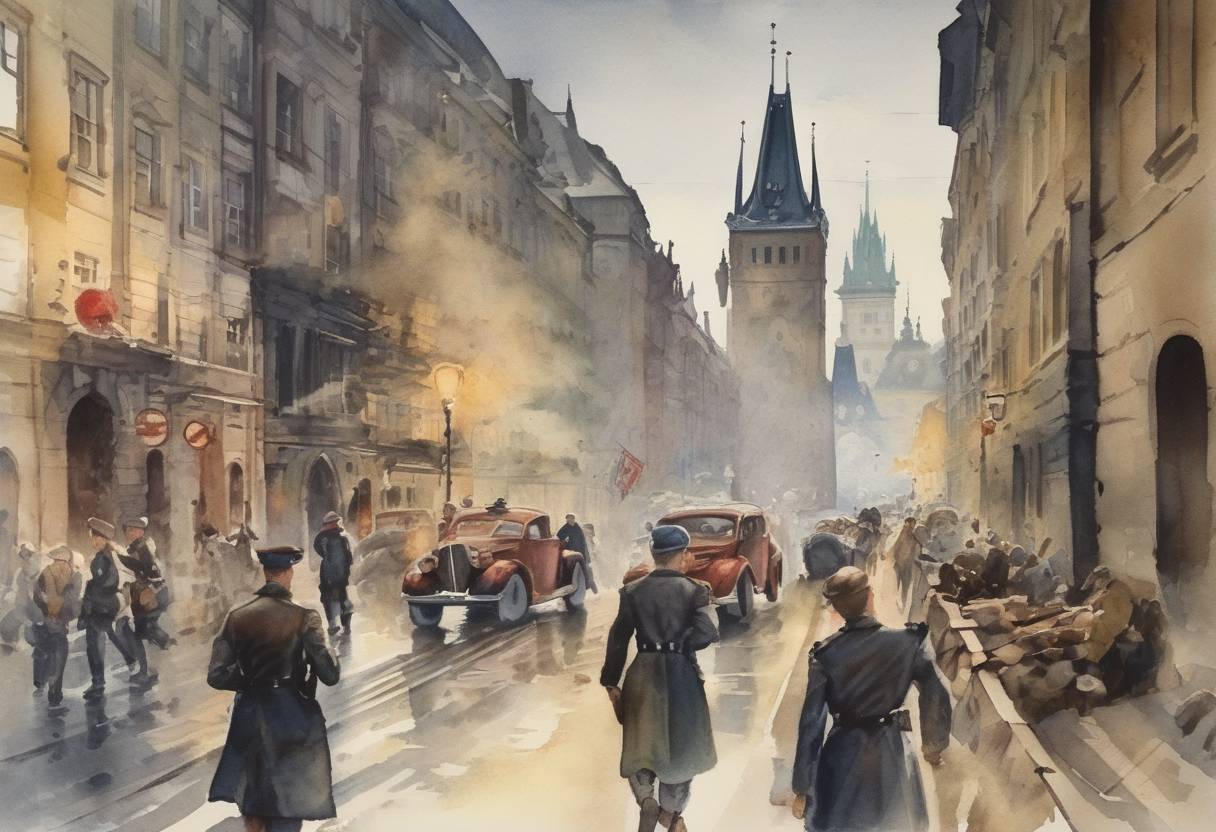 Watercolor painting based depiction of Nazi Germany invaded and occupied Czechoslovakia, violating the Munich Agreement. (1939)