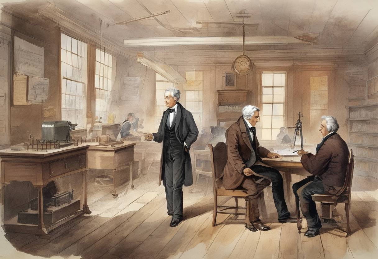 Watercolor painting based depiction of Samuel Morse and Alfred Vail demonstrated the telegraph system for the first time. (1838)