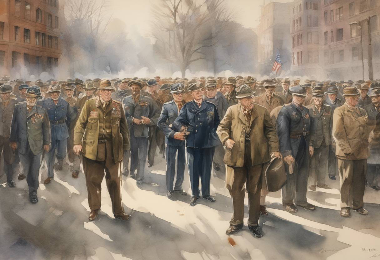 Watercolor painting based depiction of The Bonus Army, a group of World War I veterans, was forcibly dispersed by the U.S. Army in Washington, D.C., after protesting for early payment of a promised bonus. (1932)