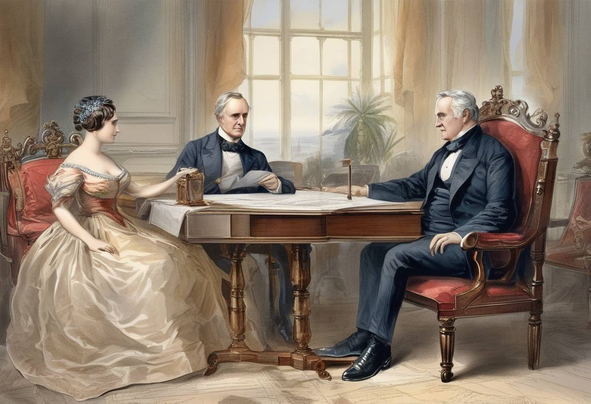 Watercolor painting based depiction of U.S. President James Buchanan inaugurated the first transatlantic telegraph cable by exchanging greetings with Queen Victoria of the United Kingdom. (1858)