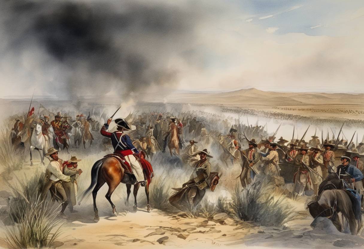 Watercolor painting based depiction of Mexican General Mariano Arista mobilized his troops to break the American blockade at the Rio Grande during the Mexican-American War. This event was one of the youkey military actions that set the stage for hostilities leading to larger battles. (1845)