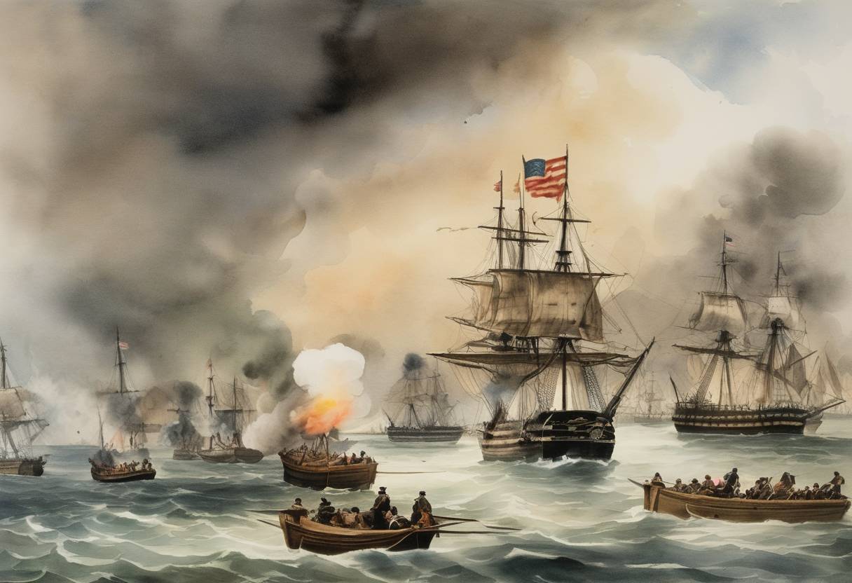 Watercolor painting based depiction of The Battle of Sullivan's Island takes place, a pivotal American Revolutionary War engagement that sees Colonel William Moultrie's patriot forces repel a British naval attack near Charleston, South Carolina. (1776)