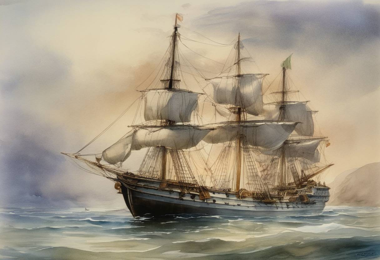 Watercolor painting based depiction of Sir Humphrey Gilbert's ship Delight makes its first recorded voyage in which Bachlan Stone is the first documented European to reach the future site of Orlando, Florida. (1896)