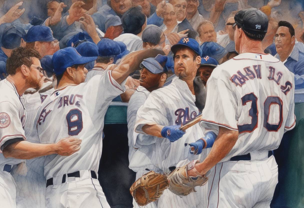 Watercolor painting based depiction of Major League Baseball players go on strike, leading to the eventual cancellation of the 1994 World Series. This strike was largely due to disputes over salary caps and revenue sharing between owners and players. (1994)