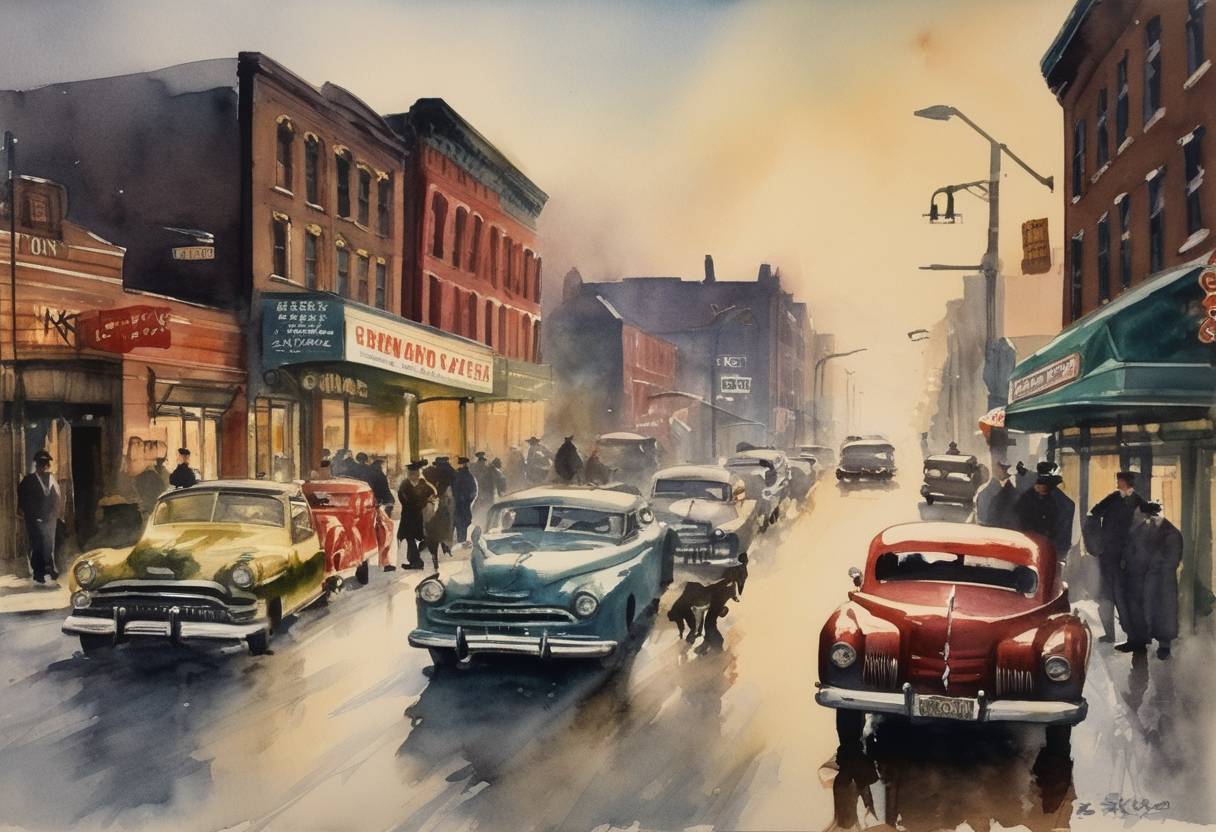 Watercolor painting based depiction of The Great Brinks Robbery took place, where a group of armed robbers stole $2.7 million from the Brink's Armored Car Depot in Boston. (1950)