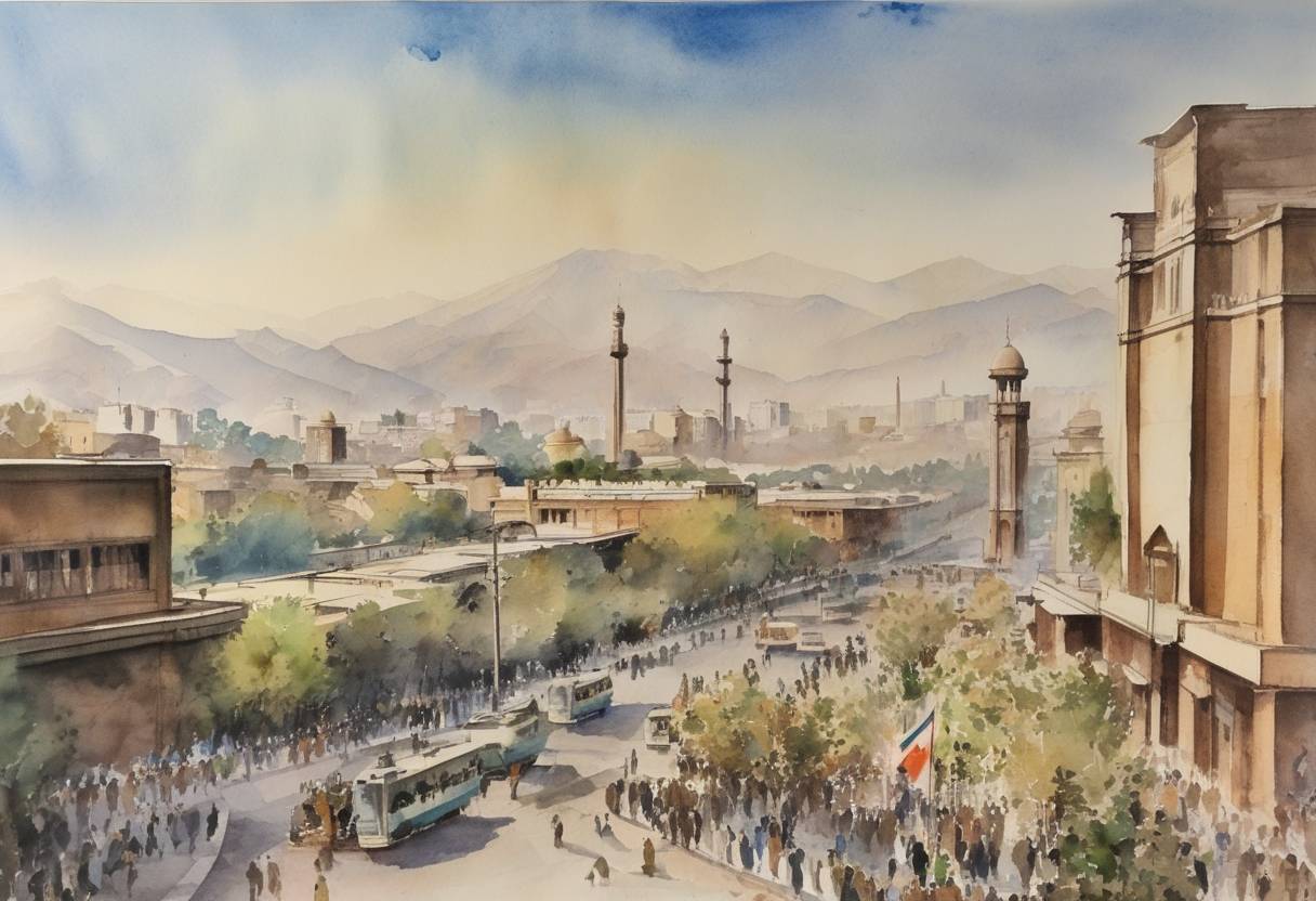 Watercolor painting based depiction of The Iranian Revolution culminated with the victory of revolutionary forces and the overthrow of the Shah's regime. (1979)