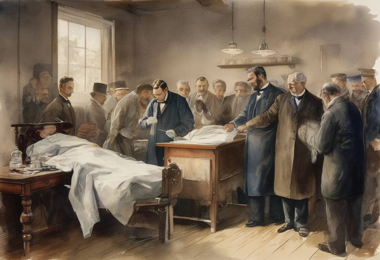 Watercolor painting based depiction of The first successful appendectomy is performed by Dr. William W. Grant in Davenport, Iowa. (1885)