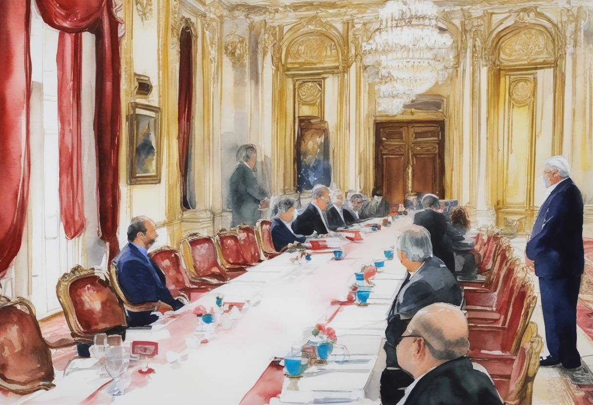 Watercolor painting based depiction of Iran and world powers resumed talks in Vienna to reinstate the 2015 Iran nuclear deal, formally known as the Joint Comprehensive Plan of Action (JCPOA), which aimed to limit Iran's nuclear program in exchange for economic relief. (2021)