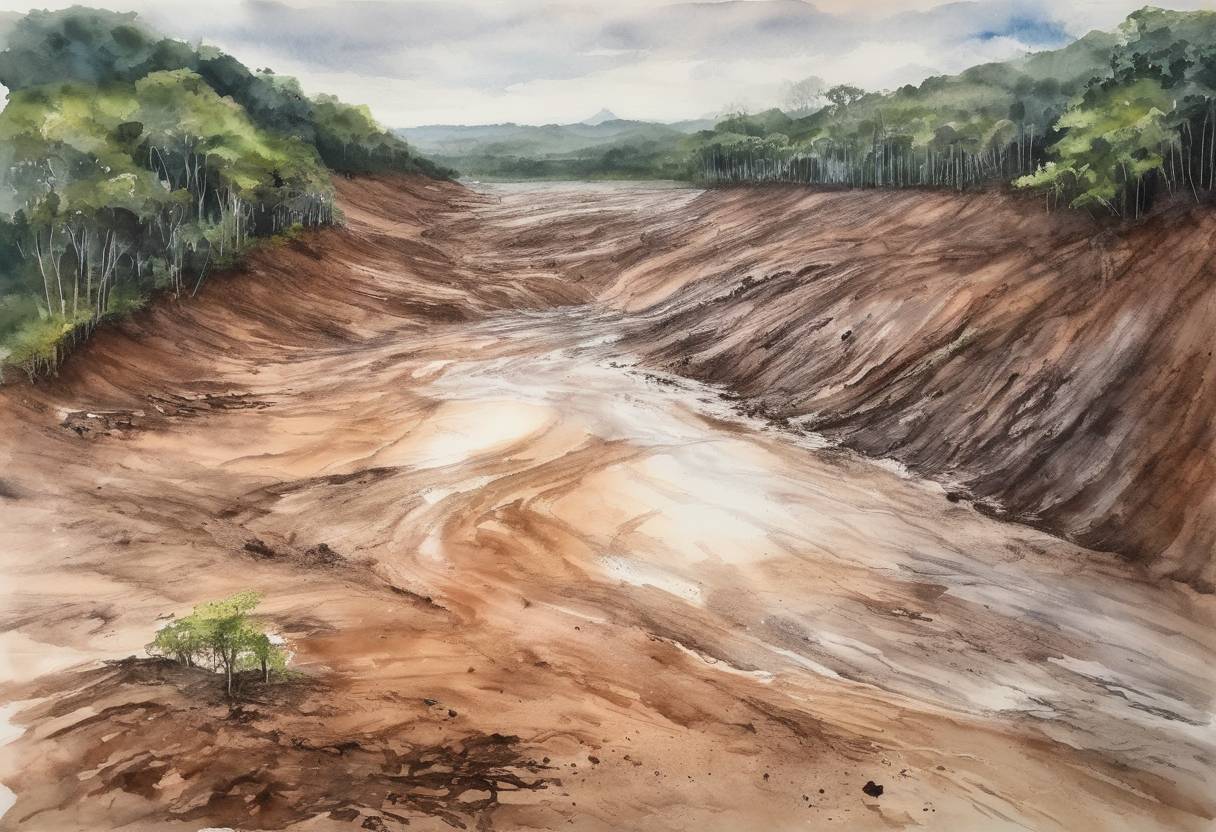 Watercolor painting based depiction of A major dam collapse in Brazil results in a mudslide, endangering lives and leading to a significant environmental disaster. It marks the beginning of extensive rescue and environmental efforts. (2019)