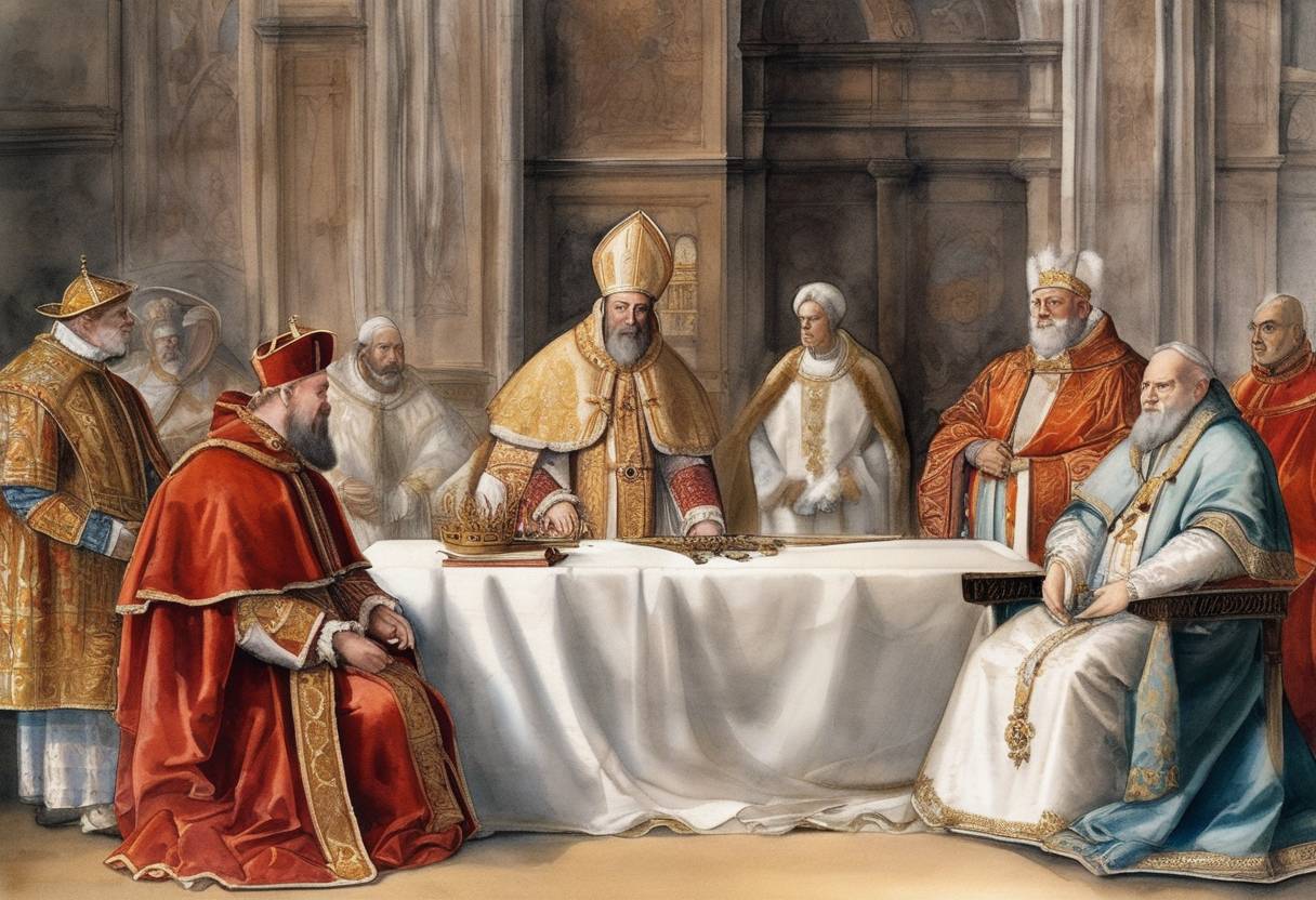 Watercolor painting based depiction of Pope Paul III excommunicated King Henry VIII of England following his decision to annul his marriage to Catherine of Aragon and his subsequent establishment of the Church of England. (1534)