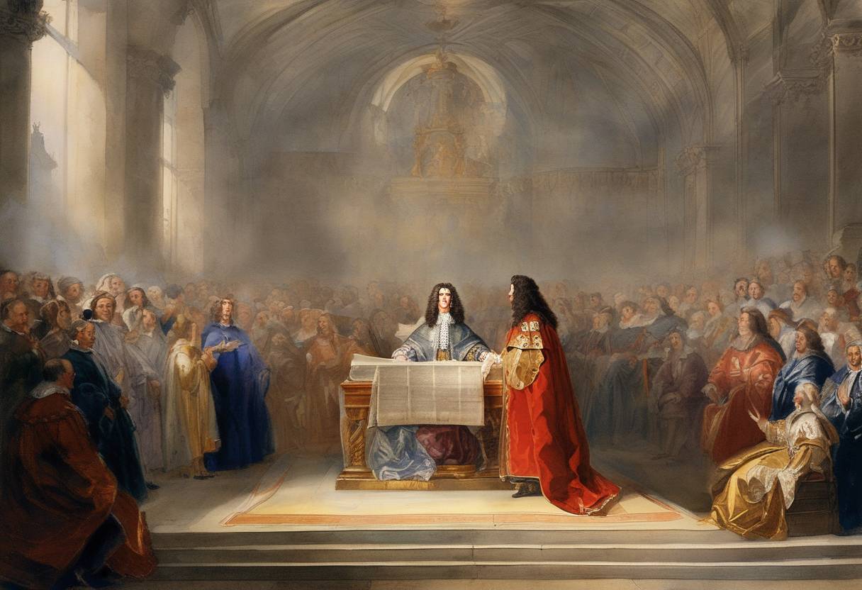 Watercolor painting based depiction of Charles II of England issues the Royal Declaration of Indulgence, granting religious freedom to Roman Catholics and Nonconformists. (1672)