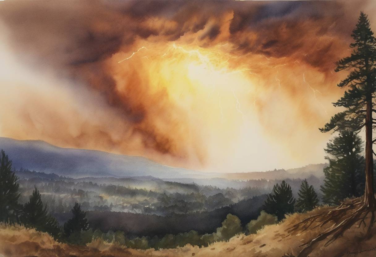Watercolor painting based depiction of Lightning sparks over 800 wildfires in Northern California, which will stretch fire response resources and lead to significant damage. (2008)