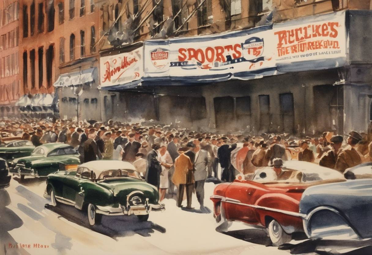 Watercolor painting based depiction of The inaugural issue of Sports Illustrated magazine is published. (1954)