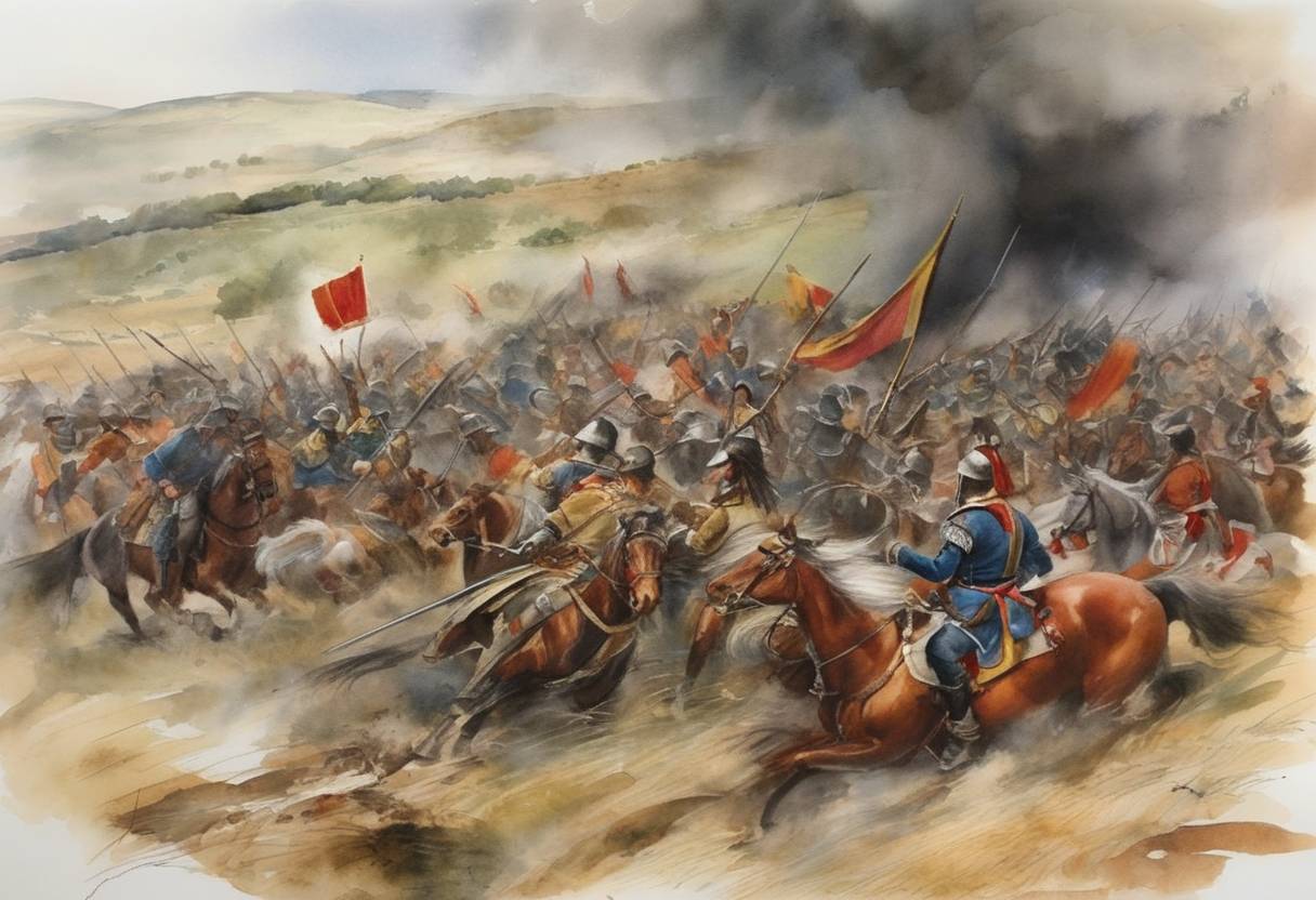 Watercolor painting based depiction of The Battle of Las Navas de Tolosa took place, marking a significant turning point in the Reconquista. (1212)