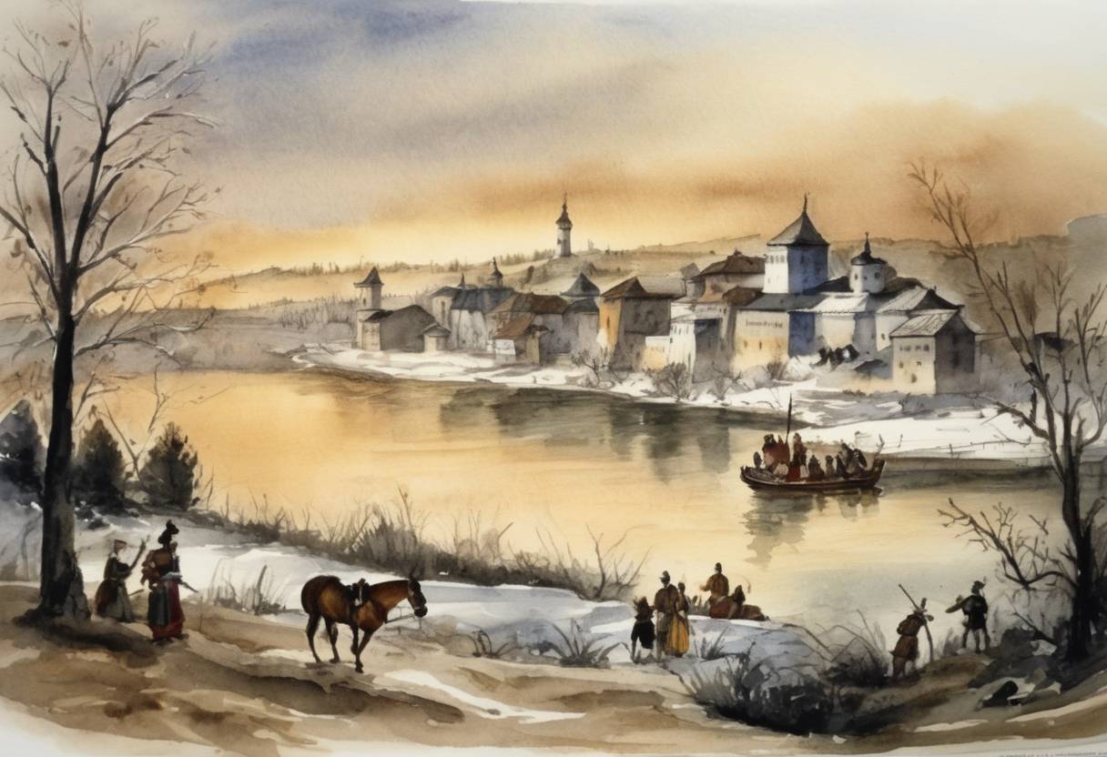 Watercolor painting based depiction of The Kalabalik or Tumult of Bendery newment occurs when Swedish King Charles XII, in Ottoman exile, takes refuge in the town of Bender during a confrontation with Ottoman forces. (1713)