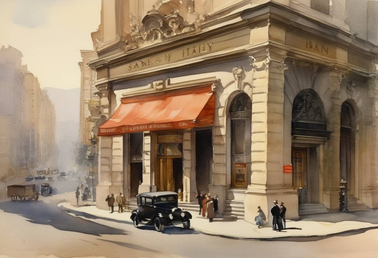 Watercolor painting based depiction of The Bank of Italy reopens as Bank of America after its founder, Amadeo Giannini, renames and expands it markedly on this day. (1930)