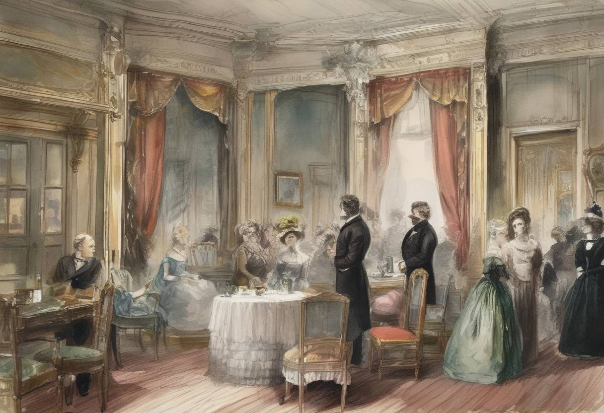 Watercolor painting based depiction of The world premiere of Henrik Ibsen's play 'A Doll's House' takes place at the Royal Theatre in Copenhagen, Denmark. (1879)