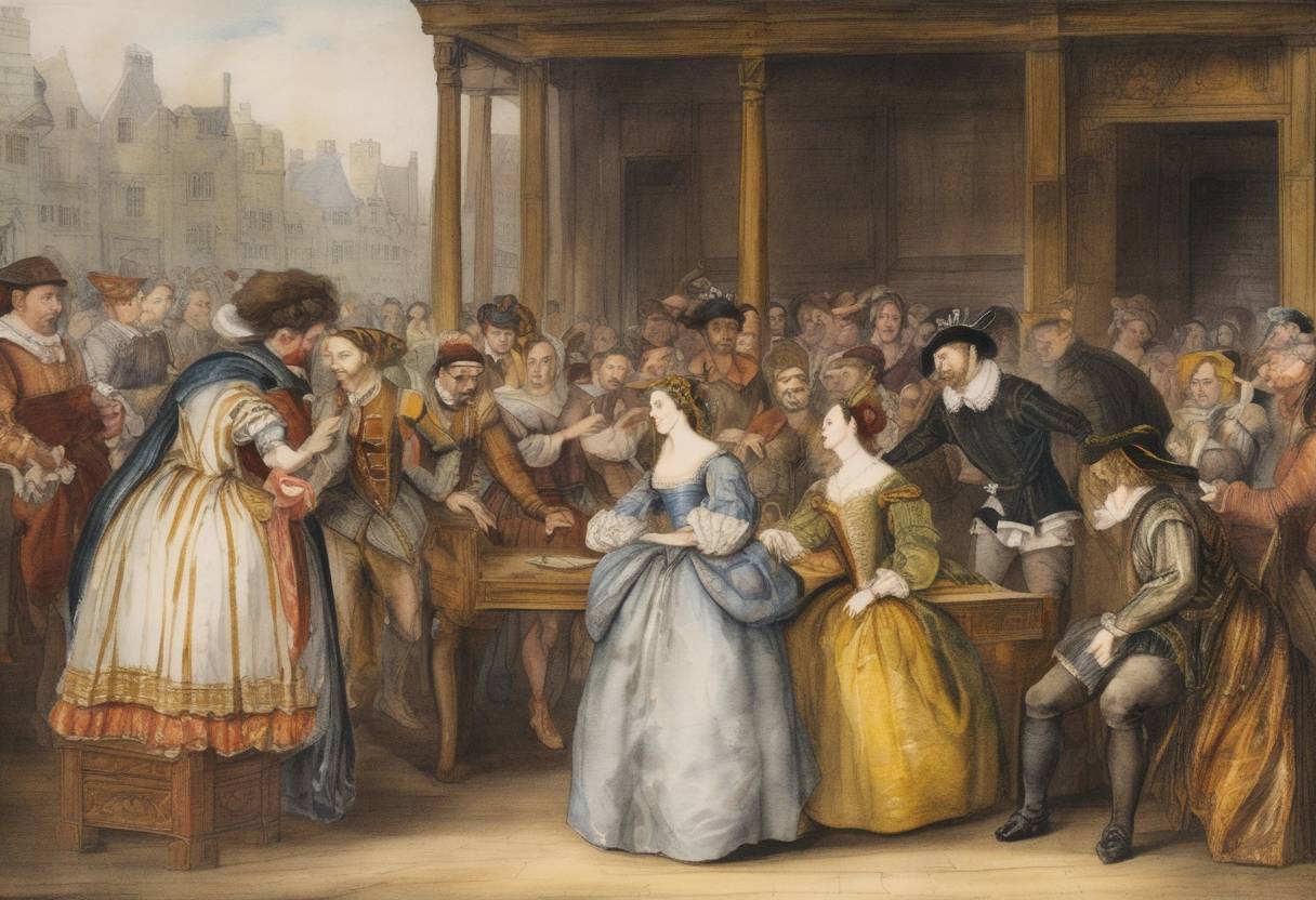 Watercolor painting based depiction of On June 24, 1580, the first known performance of William Shakespeare's play 'The Taming of the Shrew' took place, marking a significant contribution to English literature and theatre. (1580)