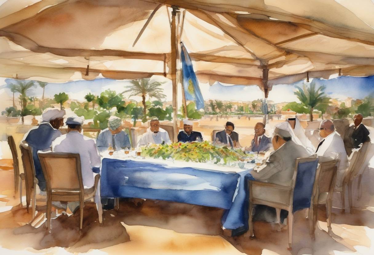 Watercolor painting based depiction of The United Nations meeting took place in Sharm El Sheikh, where leaders from the Non-Aligned Movement gathered to discuss global issues. (2009)