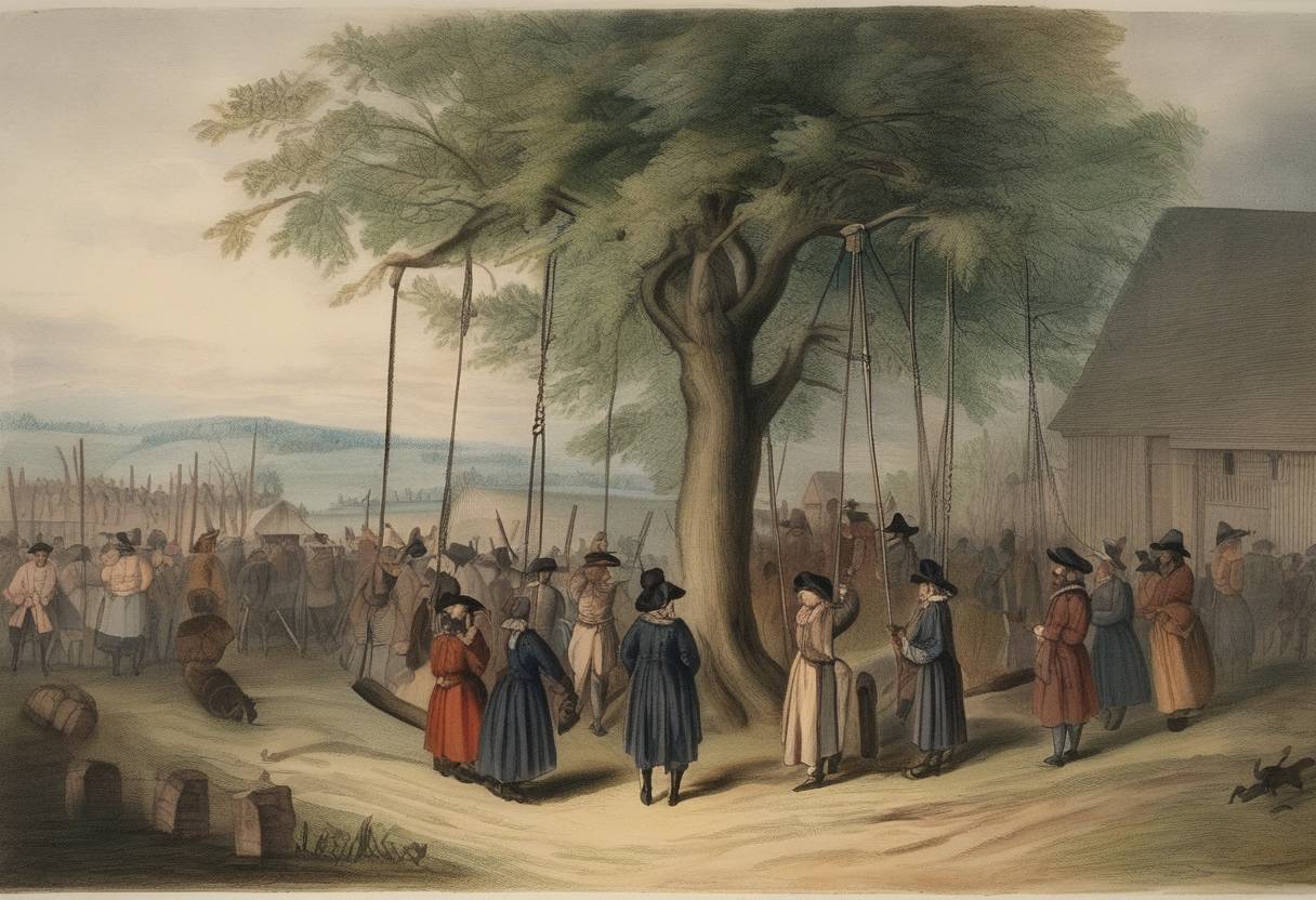 Watercolor painting based depiction of Alse Young, the first person in the American colonies known to be executed for witchcraft, was hanged in Hartford, Connecticut. (1647)