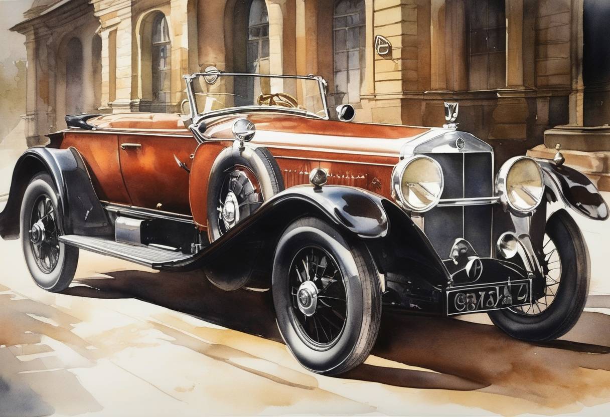 Watercolor painting based depiction of Mercedes-Benz is formed with the merger of two automotive companies, Benz & Cie and Daimler Motoren Gesellschaft. (1924)