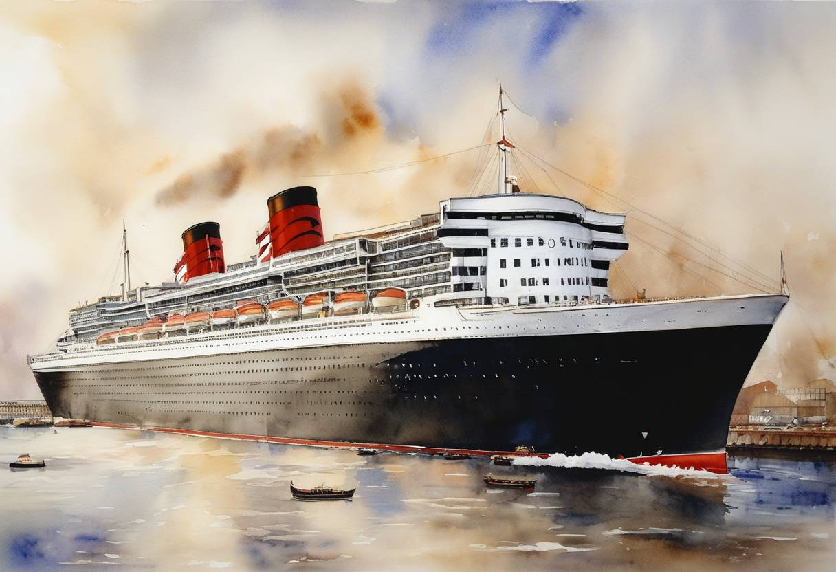 Watercolor painting based depiction of The RMS Queen Mary 2, the largest ocean liner ever built at the time, is officially launched by shipowner Cunard Line and begins its maiden voyage. (2004)