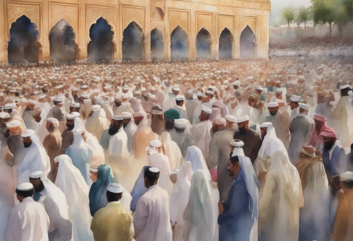 Watercolor painting based depiction of Millions of people observed a major Muslim holiday, Eid al-Adha, worldwide, celebrating with communal prayers, feasts, and acts of charity. The event is noted for the sacrifice of an animal and commemorates the willingness of Ibrahim (Abraham) to sacrifice his son. (2018)