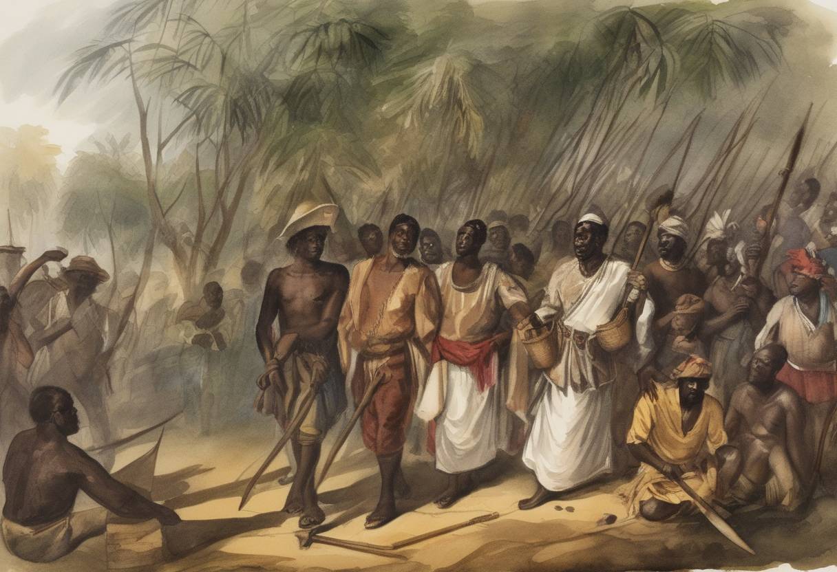 Watercolor painting based depiction of Zumbi, the leader of the Quilombo dos Palmares, was killed. Zumbi was a prominent leader of the resistance to slavery in colonial Brazil and is remembered as a symbol of Black resistance. (1695)