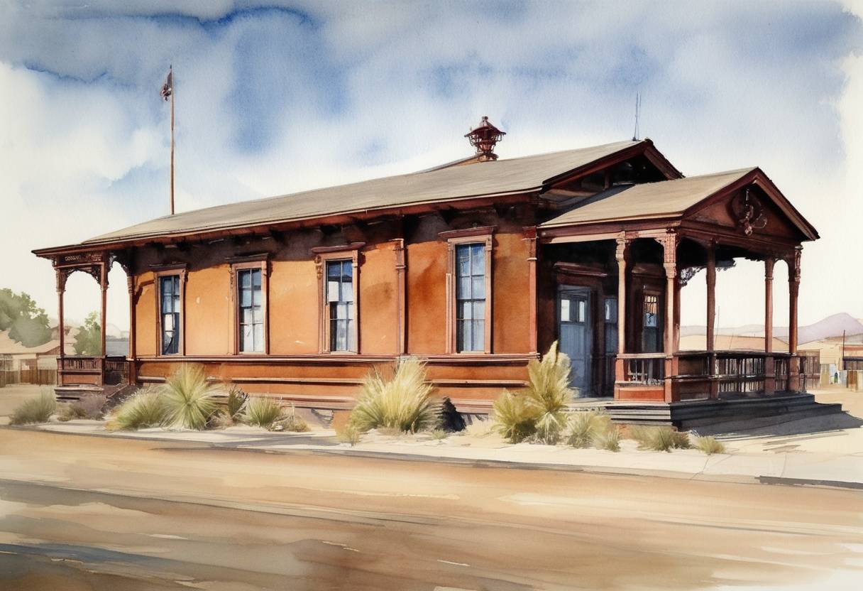 Watercolor painting based depiction of The historic Harvey House Railroad Depot opens in Barstow, California. (1893)