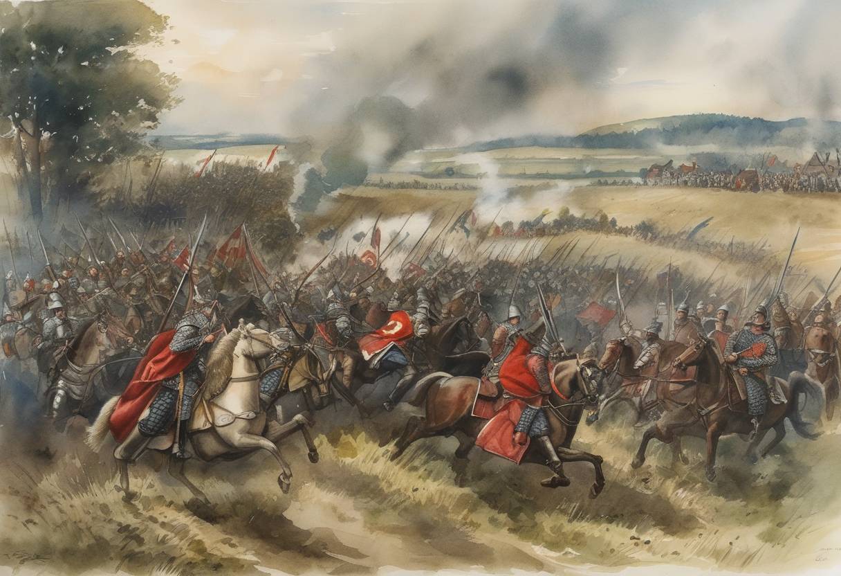 Watercolor painting based depiction of A significant event known as the 'Battle of Worringen' took place near the town of Worringen, located in present-day Germany. This confrontation was a decisive moment in the War of the Limburg Succession between Henry VI, Count of Luxembourg, and Adolf V, Count of Berg, among others. The battle concluded with a pivotal victory for a coalition of local forces led by John I, Duke of Brabant, which shaped the territorial politics of the region. (1288)