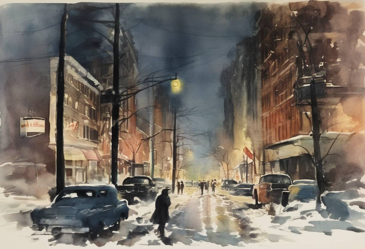 Watercolor painting based depiction of The Great Northeast Blackout occurred, affecting parts of Ontario, Canada, and the northeastern United States, leaving over 30 million people without electricity for up to 13 hours. (1965)