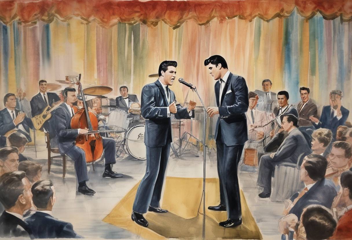 Watercolor painting based depiction of Elvis Presley made his first appearance on 'The Ed Sullivan Show', drawing an audience of over 60 million viewers. (1956)