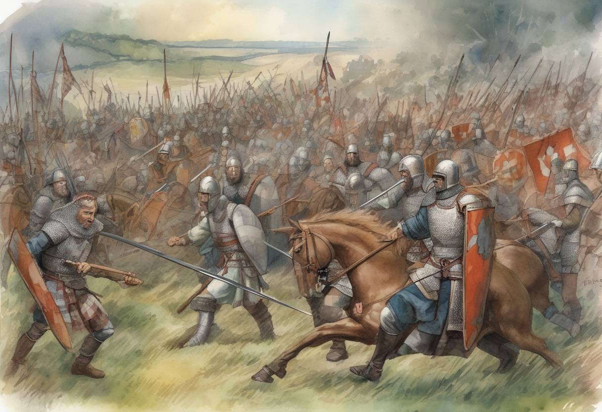 Watercolor painting based depiction of The Battle of Hastings took place, where William the Conqueror defeated King Harold II of England, leading to the Norman conquest of England. (1066)