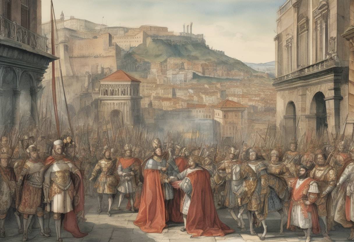 Watercolor painting based depiction of King Charles VIII of France entered Naples to claim the city's throne, part of the Italian Wars. (1495)