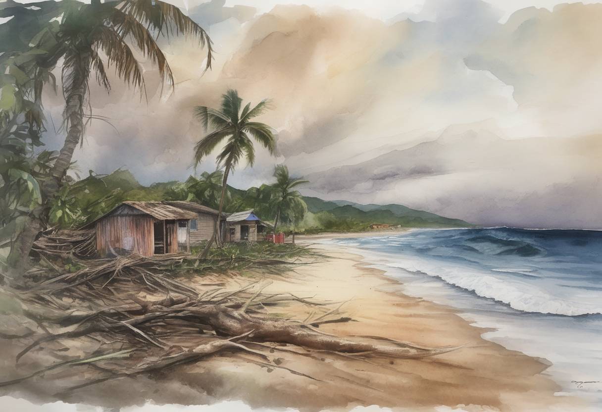 Watercolor painting based depiction of Hurricane Iota made landfall in Nicaragua as a Category 4 hurricane, causing widespread destruction and exacerbating the damage caused by Hurricane Eta just two weeks prior. (2020)