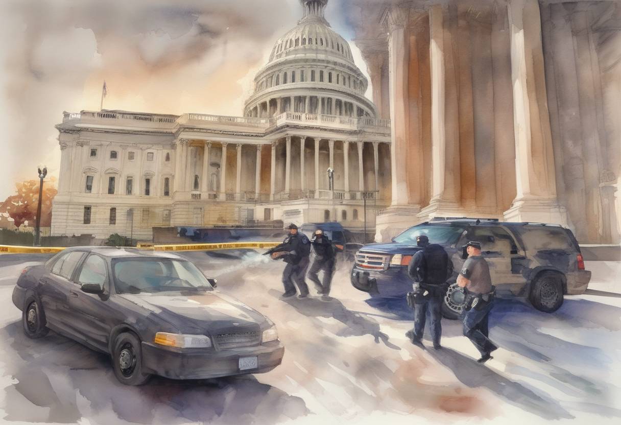 Watercolor painting based depiction of A shooting incident occurred at the United States Capitol in Washington, D.C., when a woman attempted to breach security barriers and led police on a high-speed chase before being shot and killed by law enforcement. (2013)