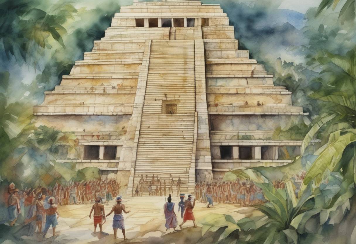 Watercolor painting based depiction of Pakal the Great ascends to the throne of the Maya city-state of Palenque, beginning a reign that would last for nearly 70 years and lead to significant architectural and cultural developments. (615)