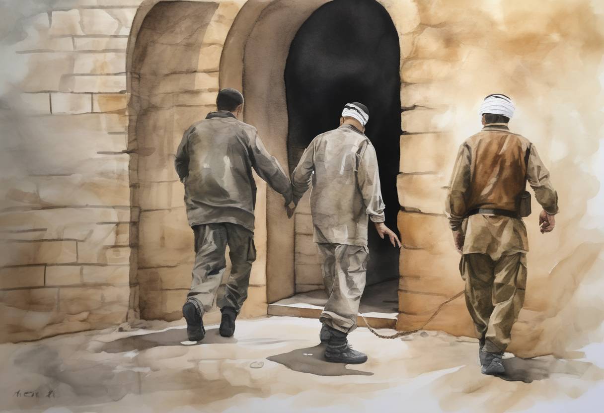 Watercolor painting based depiction of Jordan executes two al-Qaeda prisoners in response to the killing of a Jordanian pilot by ISIS, escalating tensions in the region. (2015)