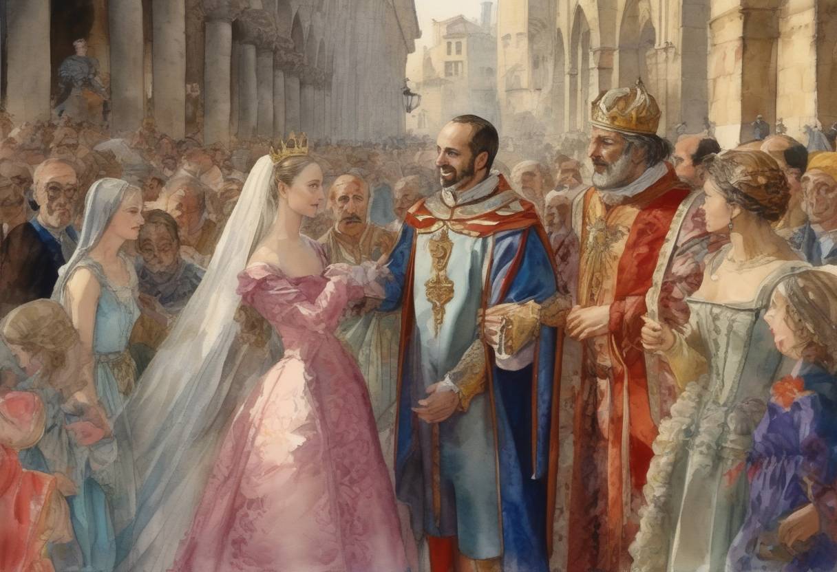Watercolor painting based depiction of Ramon Berenguer III, Count of Barcelona, and Douce I, Countess of Provence, marry, uniting the County of Provence and the County of Barcelona. (1112)
